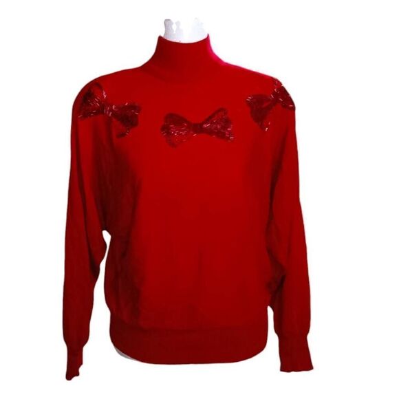 Vintage Country Suburban Red Mock Turtleneck Beaded Bow Sweater Sz M - Picture 1 of 5